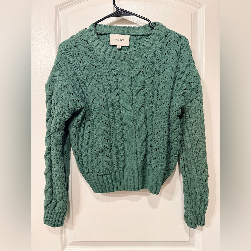 Pink Rose Teal Cable Knit Sweater
